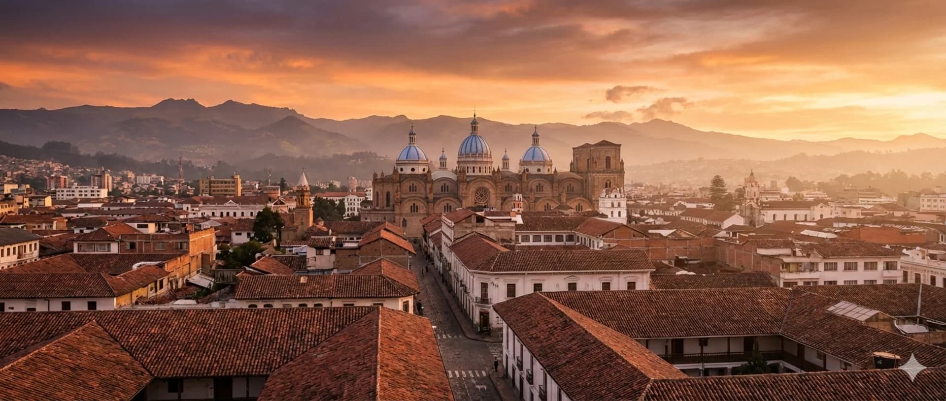 Cuenca Ecuador skyline with cathedral blue domes at sunset